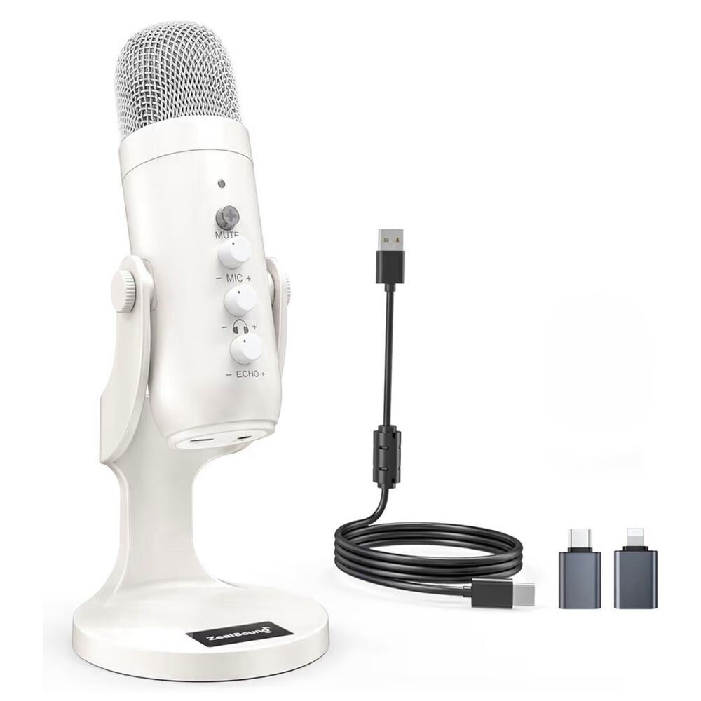 ZealSound K66 USB Condenser Microphone White Podcast ASMR Mic w/ Gain Mute